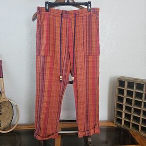 Sundance Catalog Stripe Pants L Cotton Rust Boho Drawstring Button Cuff Crop